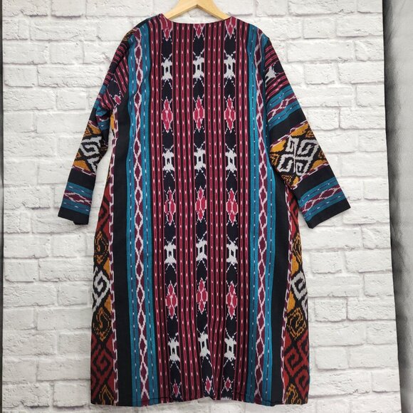 Novica Handwoven Open Front Ikat Cotton Duster Jacket Kartini Emerald Large - Picture 9 of 11